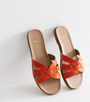 New Look Wide Fit Bright Orange Leather-Look Cross Strap Sliders